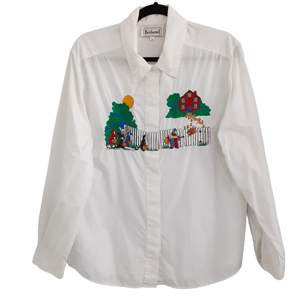 Vintage 80s Trick or Treat Halloween Embroidered Button Down Shirt Womens 14